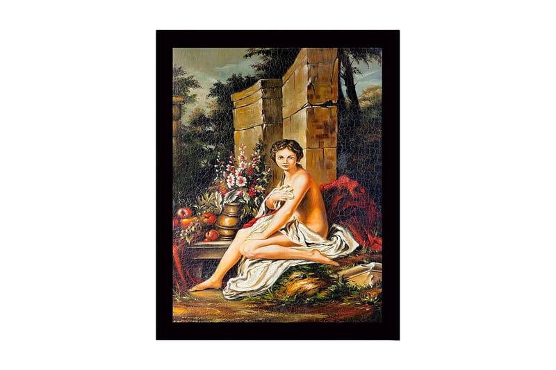 Indrammet lærred i træ - 41x56 cm - Nøgen kvinde siddende med blomster og frugter i naturskønne omgivelser, Hudtone / Grøn / Rød