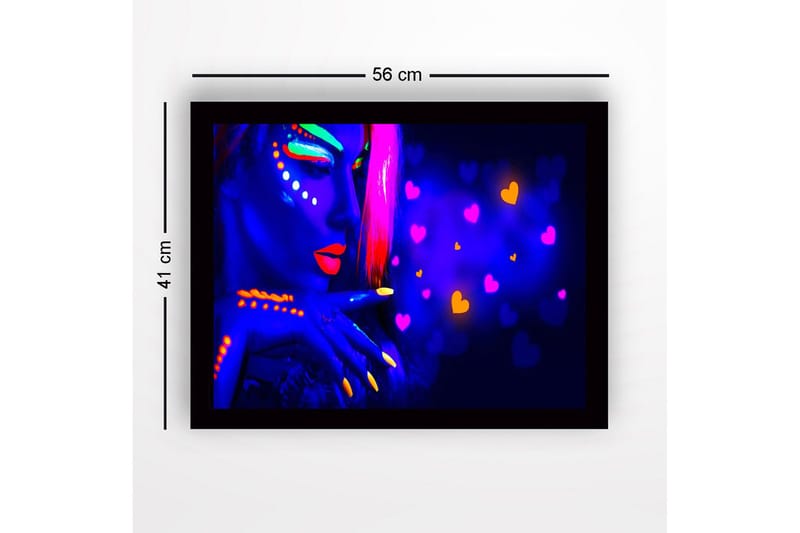 Indrammet lærred i træ - 41x56 cm - Neonfarvet portræt af en kvinde med stærke ansigtsmalerier - Blå / Neonorange / Lyserød - Boligtilbehør - Billeder & kunst