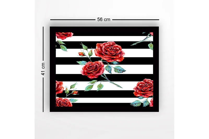 Indrammet lærred i træ - 41x56 cm - Røde roser mod sorte og hvide striber - Rød / Grøn / Sort - Boligtilbehør - Billeder & kunst