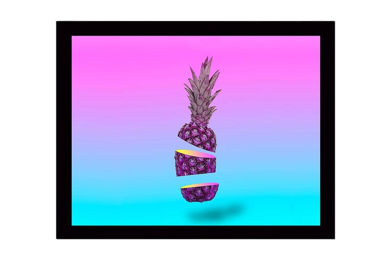 Indrammet lærred i træ - 41x56 cm - Skiver af ananas i en surrealistisk komposition, Lilla / Pink / Turkis
