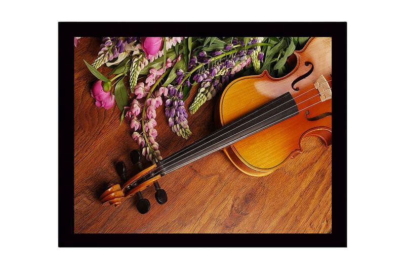 Indrammet lærred i træ - 41x56 cm - Smuk komposition med en violin og farverige blomster, Lilla / Lyserød / Brun