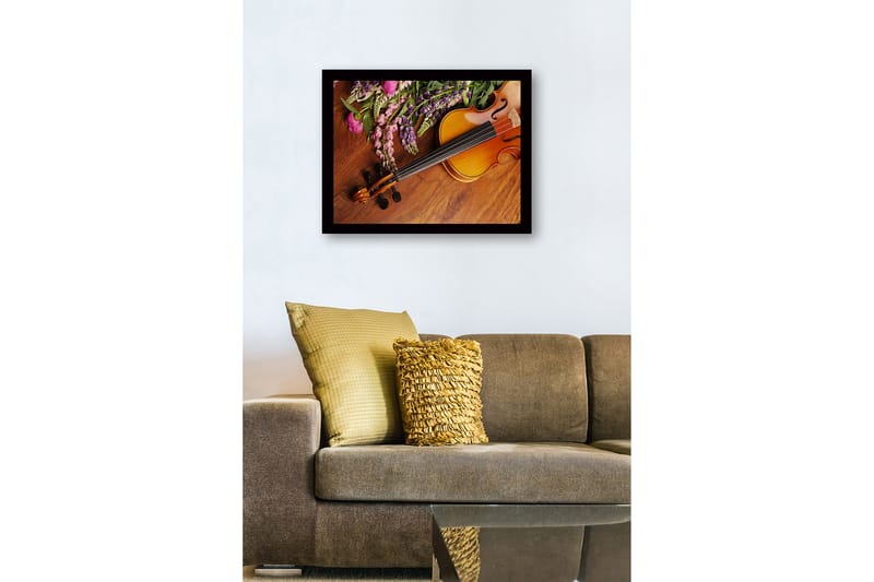 Indrammet lærred i træ - 41x56 cm - Smuk komposition med en violin og farverige blomster - Lilla / Lyserød / Brun - Boligtilbehør - Billeder & kunst
