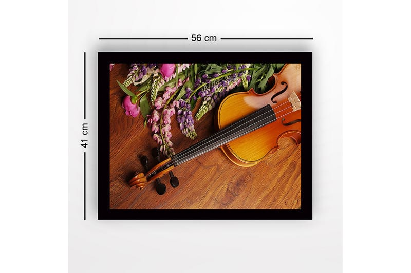 Indrammet lærred i træ - 41x56 cm - Smuk komposition med en violin og farverige blomster - Lilla / Lyserød / Brun - Boligtilbehør - Billeder & kunst