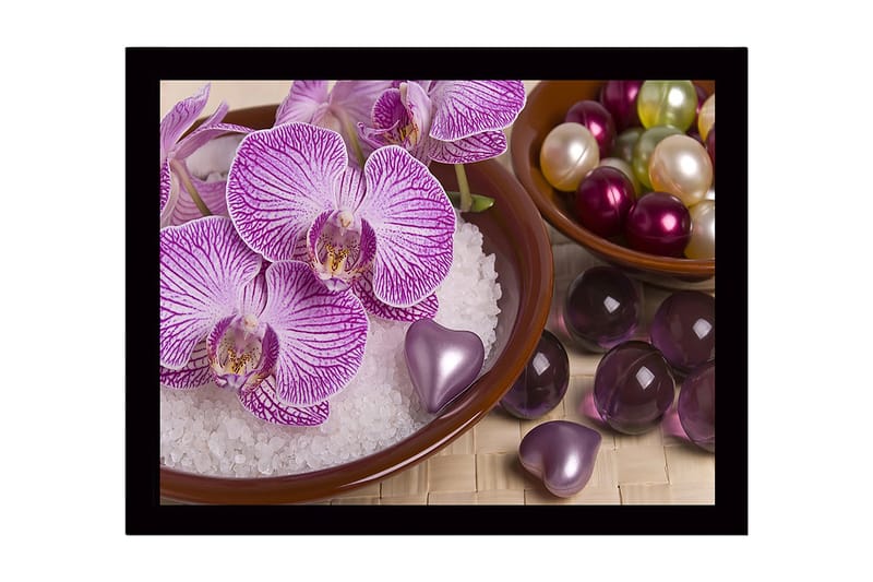 Indrammet lærred i træ - 41x56 cm - Smuk samling af orkideer og dekorationer i skåle, Lilla / Hvid / Grøn