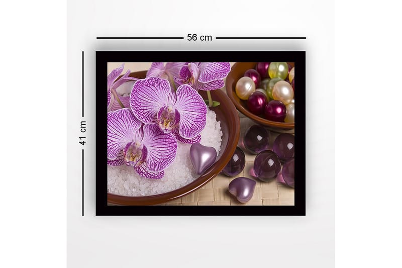 Indrammet lærred i træ - 41x56 cm - Smuk samling af orkideer og dekorationer i skåle - Lilla / Hvid / Grøn - Boligtilbehør - Billeder & kunst