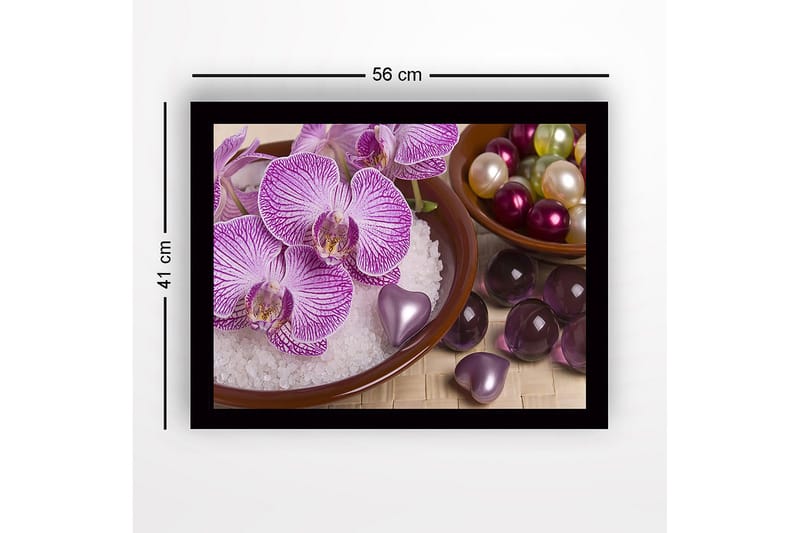 Indrammet lærred i træ - 41x56 cm - Smuk samling af orkideer og dekorationer i skåle - Lilla / Hvid / Grøn - Boligtilbehør - Billeder & kunst