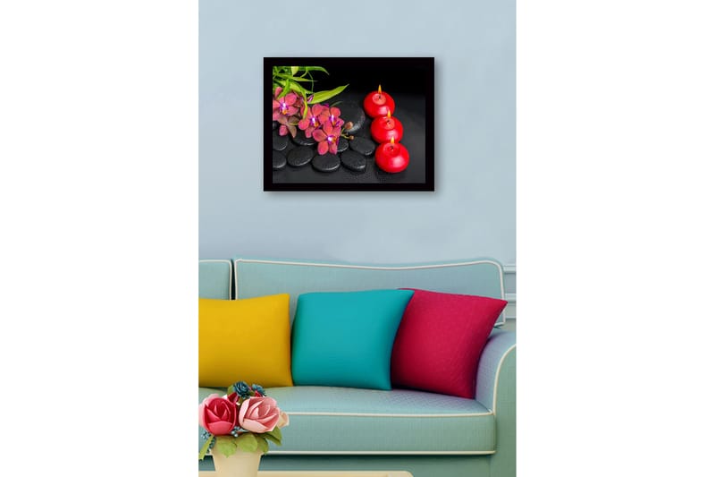 Indrammet lærred i træ - 41x56 cm - Smuk samling af orkideer og lys på sorte sten - Rød / Sort / Grøn - Boligtilbehør - Billeder & kunst
