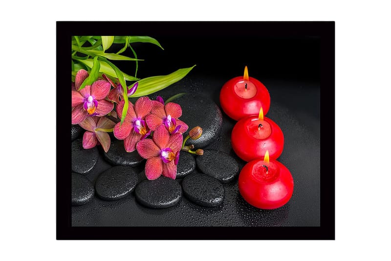 Indrammet lærred i træ - 41x56 cm - Smuk samling af orkideer og lys på sorte sten, Rød / Sort / Grøn