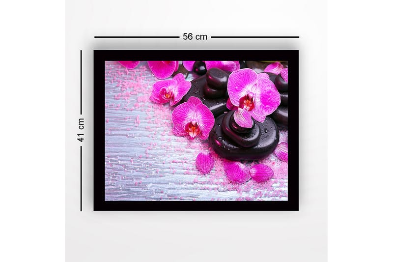 Indrammet lærred i træ - 41x56 cm - Smuk samling af orkideer og sorte sten - Lyserød / Sort / Lysegrå - Boligtilbehør - Billeder & kunst
