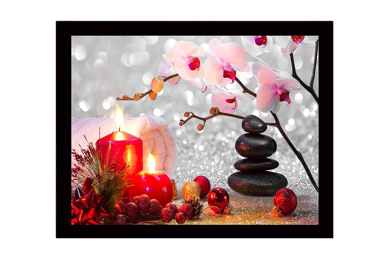 Indrammet lærred i træ - 41x56 cm - Smuk stilhed med stearinlys, blomster og sten, Rød / Sort / Lyserød