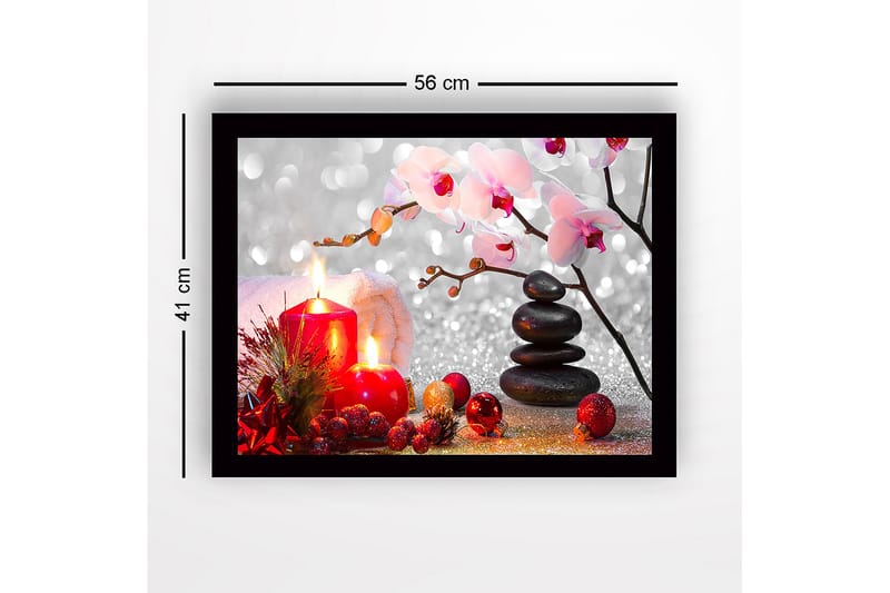 Indrammet lærred i træ - 41x56 cm - Smuk stilhed med stearinlys, blomster og sten - Rød / Sort / Lyserød - Boligtilbehør - Billeder & kunst