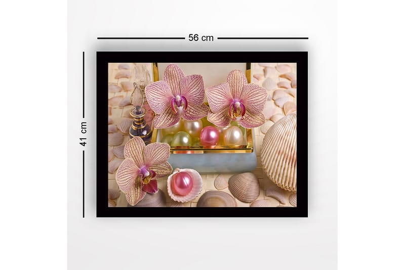 Indrammet lærred i træ - 41x56 cm - Smukke orkideer omgivet af perler og skaller - Lys pink / Grøn / Perlehvid - Boligtilbehør - Billeder & kunst