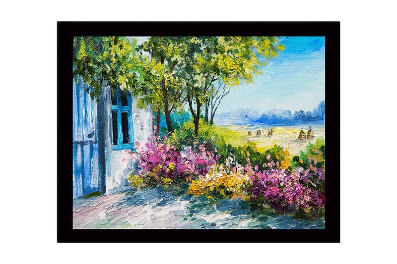 Indrammet lærred i træ - 41x56 cm - Smukt landskab med blomster og et hus i baggrunden, Grøn / Lilla / Blå
