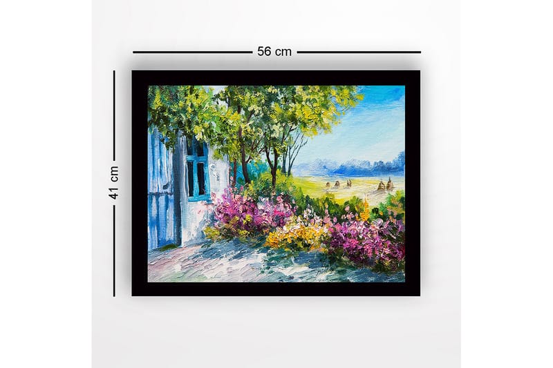 Indrammet lærred i træ - 41x56 cm - Smukt landskab med blomster og et hus i baggrunden - Grøn / Lilla / Blå - Boligtilbehør - Billeder & kunst