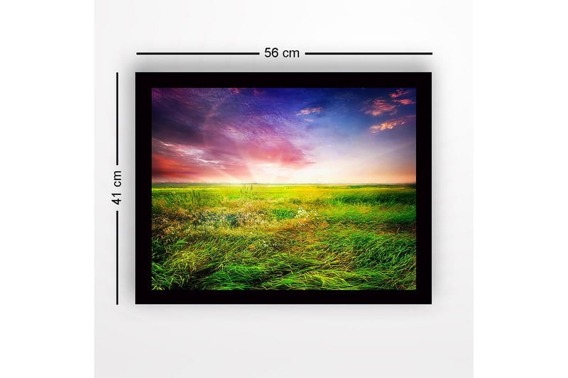 Indrammet lærred i træ - 41x56 cm - Smukt landskab med frodige enge og farverig himmel - Grøn / Gul / Lilla - Boligtilbehør - Billeder & kunst