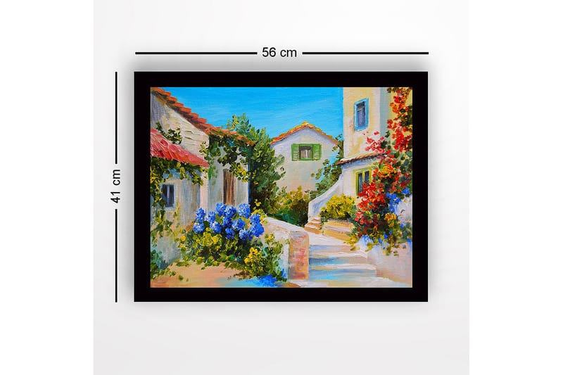 Indrammet lærred i træ - 41x56 cm - Smukt middelhavsmiljø med blomster og huse i klare farver - Blå / Grøn / Rød - Boligtilbehør - Billeder & kunst
