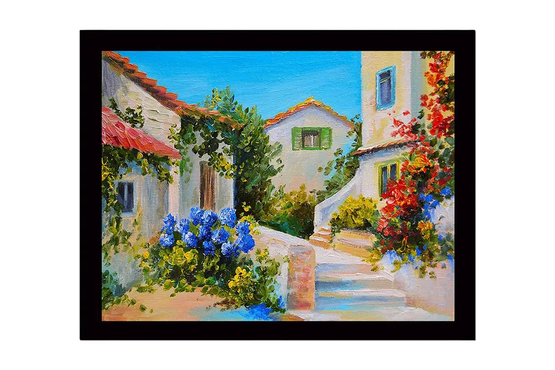 Indrammet lærred i træ - 41x56 cm - Smukt middelhavsmiljø med blomster og huse i klare farver, Blå / Grøn / Rød