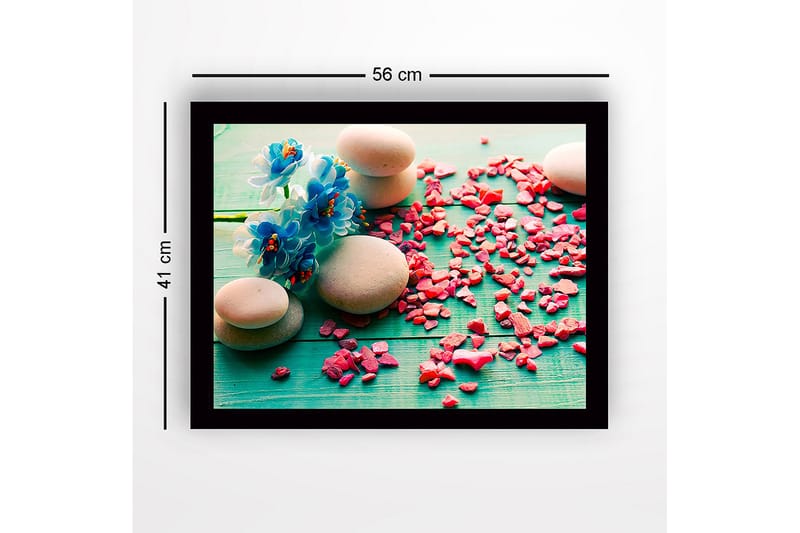 Indrammet lærred i træ - 41x56 cm - Stenarrangement med blå blomster og lyserøde sten - Blå / Lyserød / Grå - Boligtilbehør - Billeder & kunst