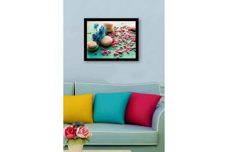 Indrammet lærred i træ - 41x56 cm - Stenarrangement med blå blomster og lyserøde sten - Blå / Lyserød / Grå - Boligtilbehør - Billeder & kunst