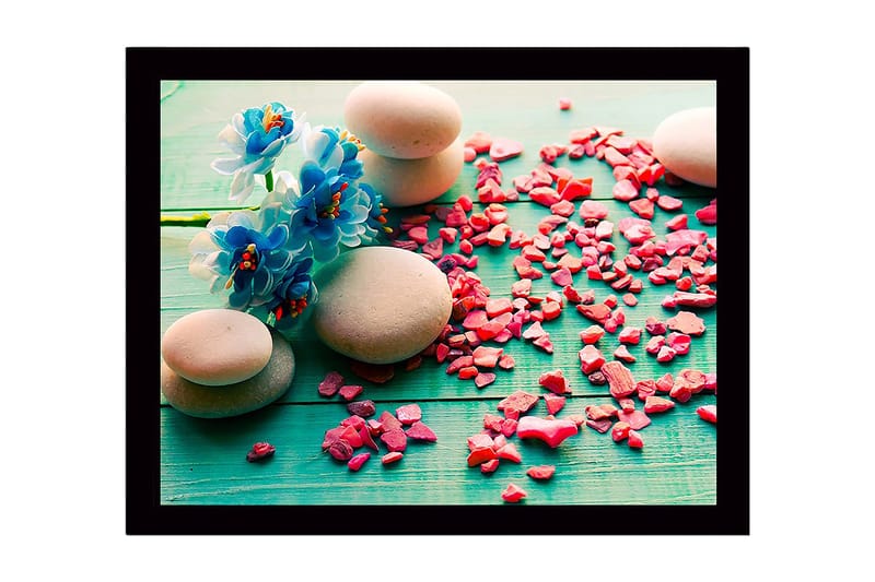 Indrammet lærred i træ - 41x56 cm - Stenarrangement med blå blomster og lyserøde sten, Blå / Lyserød / Grå