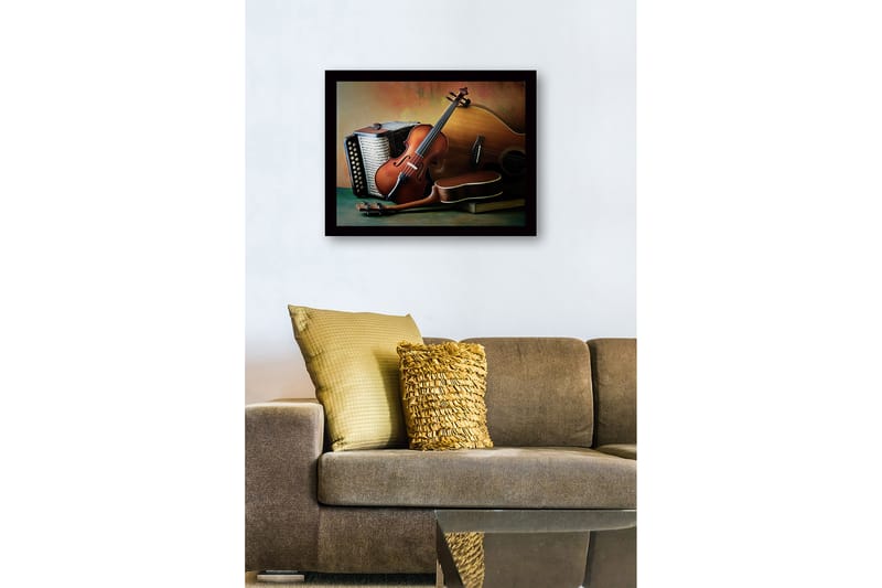 Indrammet lærred i træ - 41x56 cm - Stilhed med musikinstrumenter i fokus - Brun / Beige / Grøn - Boligtilbehør - Billeder & kunst