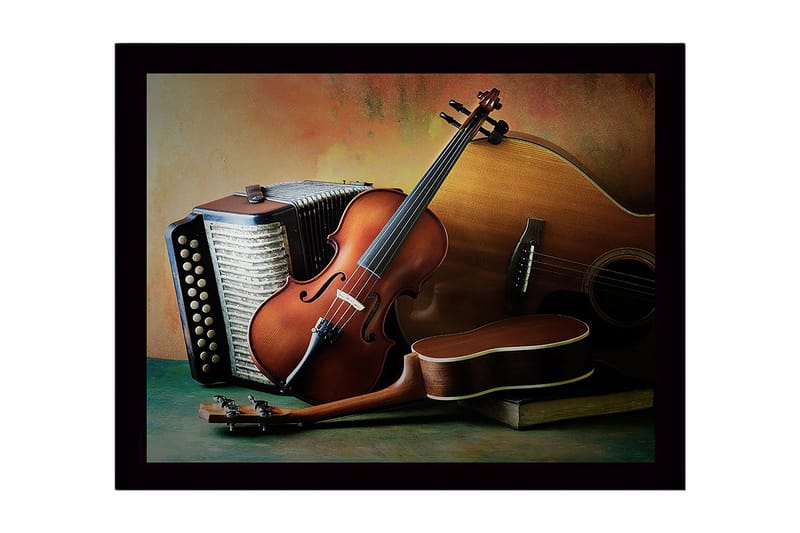 Indrammet lærred i træ - 41x56 cm - Stilhed med musikinstrumenter i fokus, Brun / Beige / Grøn