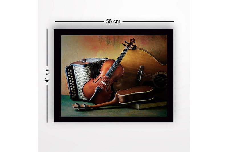 Indrammet lærred i træ - 41x56 cm - Stilhed med musikinstrumenter i fokus - Brun / Beige / Grøn - Boligtilbehør - Billeder & kunst