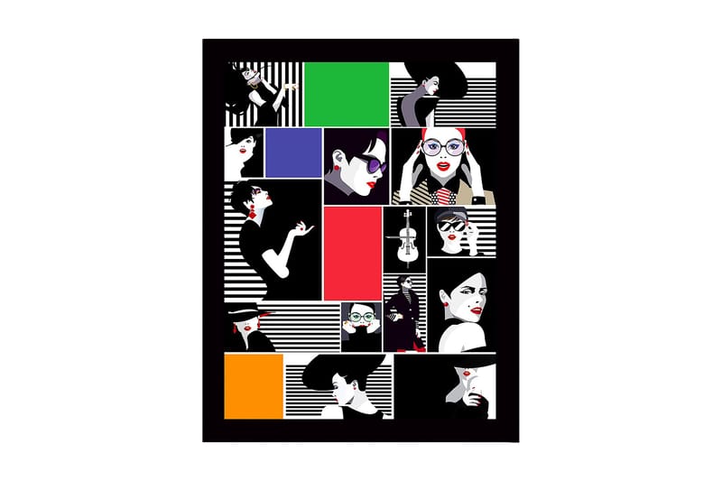 Indrammet lærred i træ - 41x56 cm - Stiliserede portrætter af kvinder i forskellige udtryk og tøj, Rød / Sort / Hvid