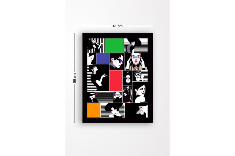 Indrammet lærred i træ - 41x56 cm - Stiliserede portrætter af kvinder i forskellige udtryk og tøj - Rød / Sort / Hvid - Boligtilbehør - Billeder & kunst