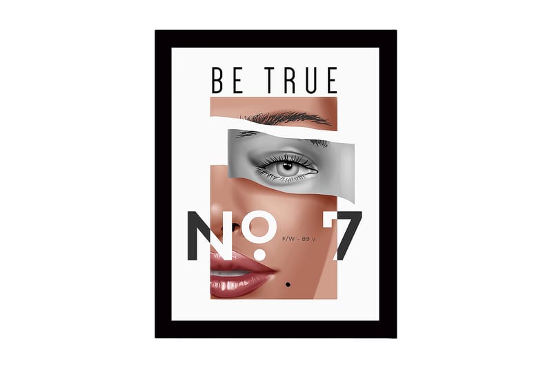 Indrammet lærred i træ - 41x56 cm - Stiliseret portræt med fokus på øjne og læber, Hudtone / Grå / Sort