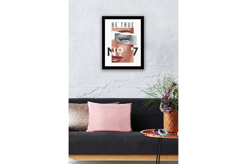 Indrammet lærred i træ - 41x56 cm - Stiliseret portræt med fokus på øjne og læber - Hudtone / Grå / Sort - Boligtilbehør - Billeder & kunst