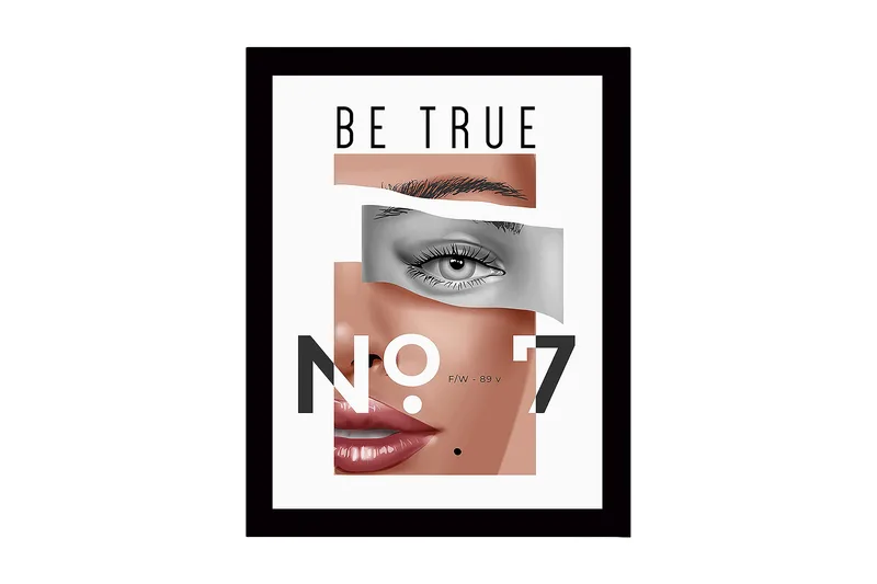 Indrammet lærred i træ - 41x56 cm - Stiliseret portræt med fokus på øjne og læber, Hudtone / Grå / Sort