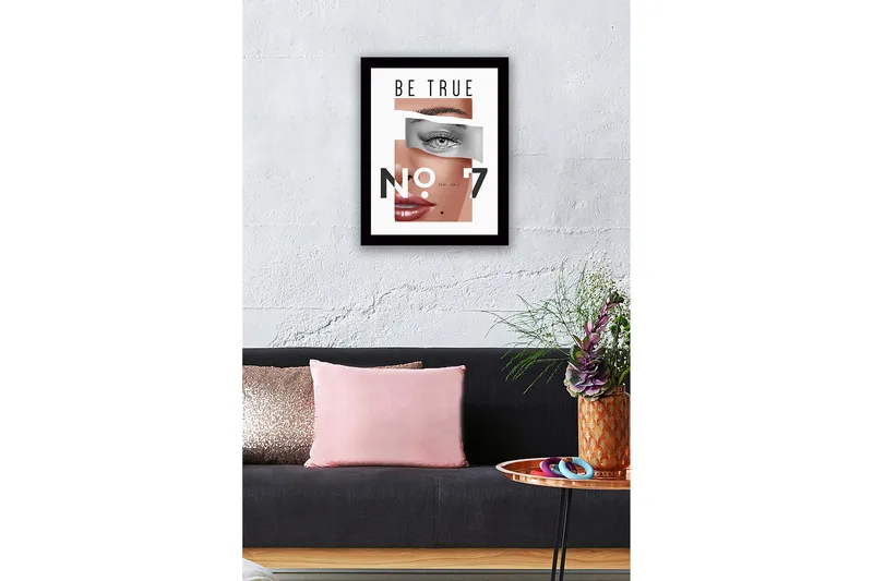 Indrammet lærred i træ - 41x56 cm - Stiliseret portræt med fokus på øjne og læber - Hudtone / Grå / Sort - Boligtilbehør - Billeder & kunst