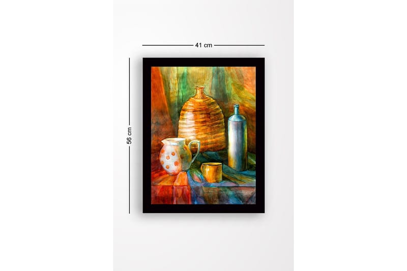 Indrammet lærred i træ - 41x56 cm - Stilleben med keramik og glasflasker - Orange / Grøn / Blå - Boligtilbehør - Billeder & kunst
