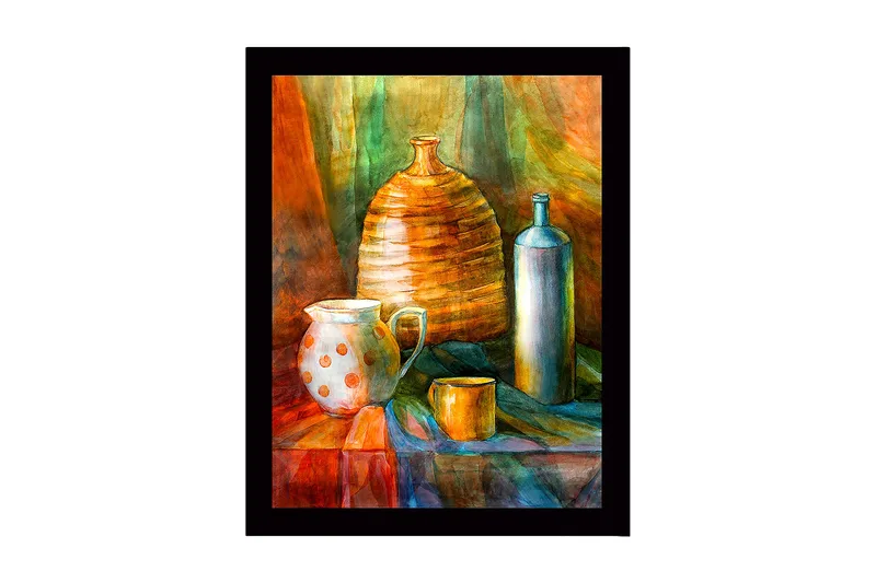 Indrammet lærred i træ - 41x56 cm - Stilleben med keramik og glasflasker, Orange / Grøn / Blå
