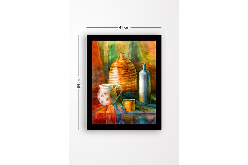 Indrammet lærred i træ - 41x56 cm - Stilleben med keramik og glasflasker - Orange / Grøn / Blå - Boligtilbehør - Billeder & kunst