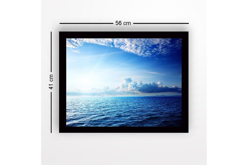 Indrammet lærred i træ - 41x56 cm - Storslået havudsigt med klare skyer og solstråler - Blå / Lyseblå / Hvid - Boligtilbehør - Billeder & kunst