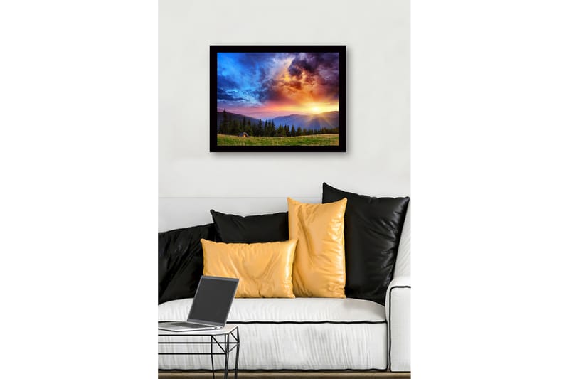 Indrammet lærred i træ - 41x56 cm - Storslået solnedgang over bjerge og skov - Blå / Orange / Grøn - Boligtilbehør - Billeder & kunst