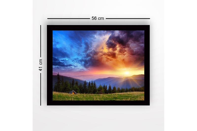 Indrammet lærred i træ - 41x56 cm - Storslået solnedgang over bjerge og skov - Blå / Orange / Grøn - Boligtilbehør - Billeder & kunst