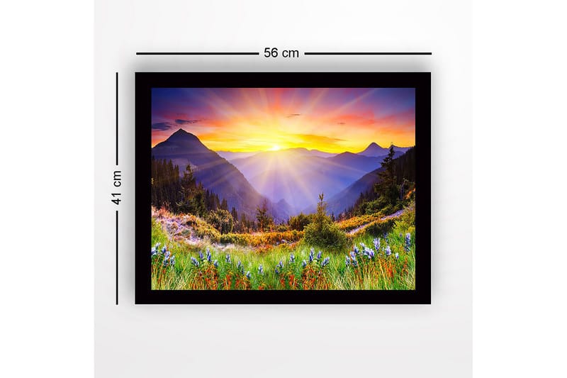 Indrammet lærred i træ - 41x56 cm - Storslået solopgang over bjerge og dale - Guld / Lilla / Grøn - Boligtilbehør - Billeder & kunst