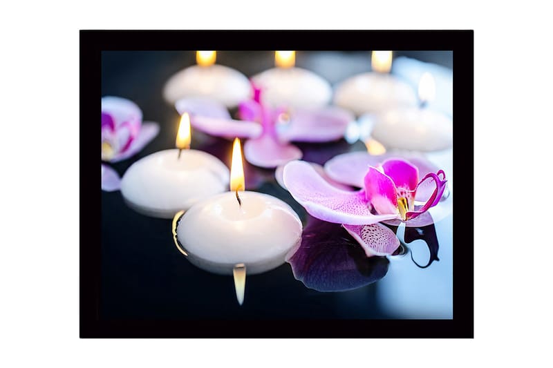 Indrammet lærred i træ - 41x56 cm - Svævende lys og orkideer i harmonisk samspil, Hvid / Lilla