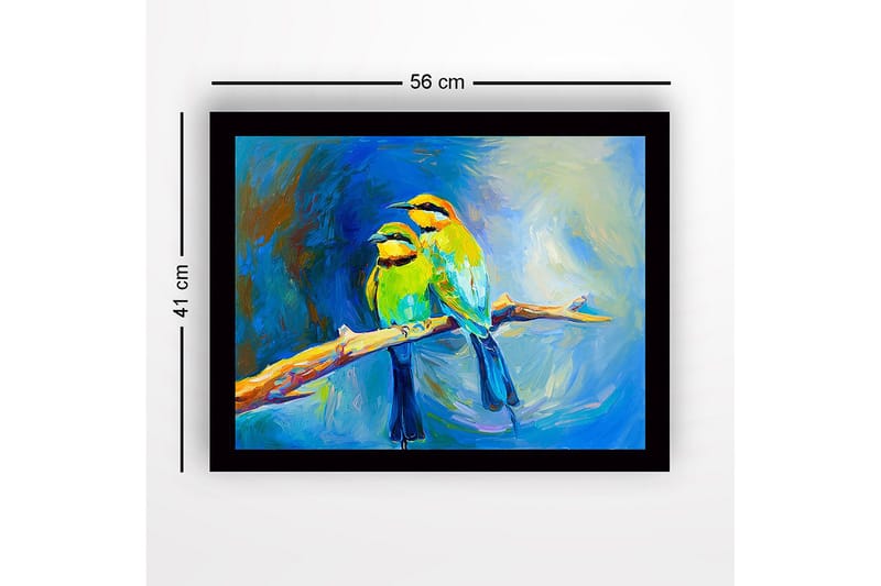 Indrammet lærred i træ - 41x56 cm - To farverige fugle på en gren - Grøn / Blå / Gul - Boligtilbehør - Billeder & kunst