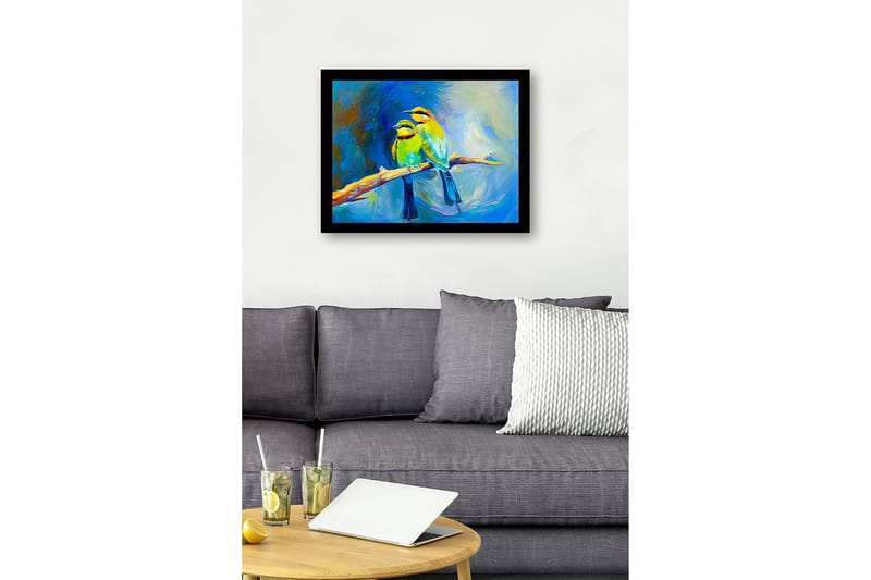 Indrammet lærred i træ - 41x56 cm - To farverige fugle på en gren - Grøn / Blå / Gul - Boligtilbehør - Billeder & kunst