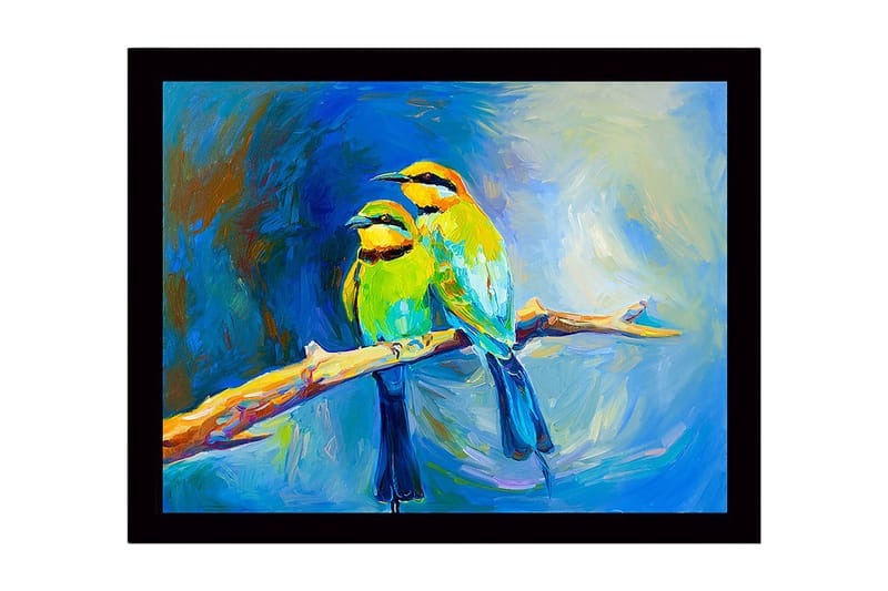 Indrammet lærred i træ - 41x56 cm - To farverige fugle på en gren, Grøn / Blå / Gul