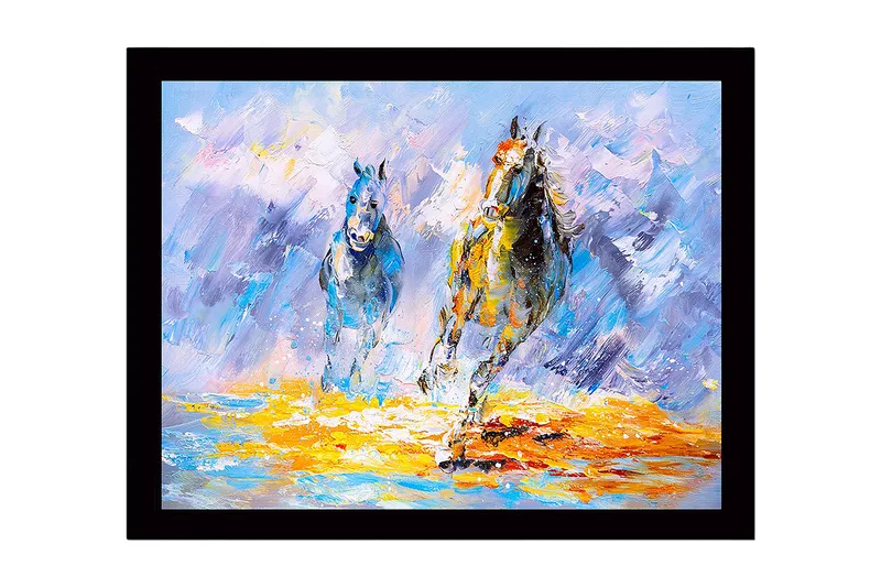 Indrammet lærred i træ - 41x56 cm - To heste galoperer fremad i en farverig og dynamisk komposition, Blå / Orange / Hvid