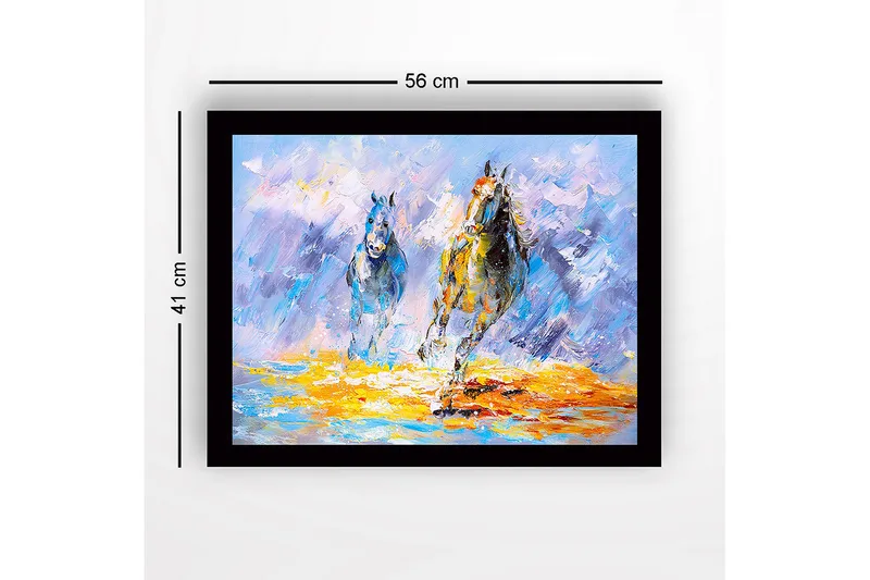 Indrammet lærred i træ - 41x56 cm - To heste galoperer fremad i en farverig og dynamisk komposition - Blå / Orange / Hvid - Boligtilbehør - Billeder & kunst