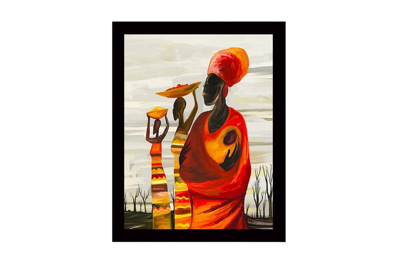 Indrammet lærred i træ - 41x56 cm - Tre kvinder, der bærer skåle, og børn i en farverig og udtryksfuld komposition, Rød / Orange / Gul