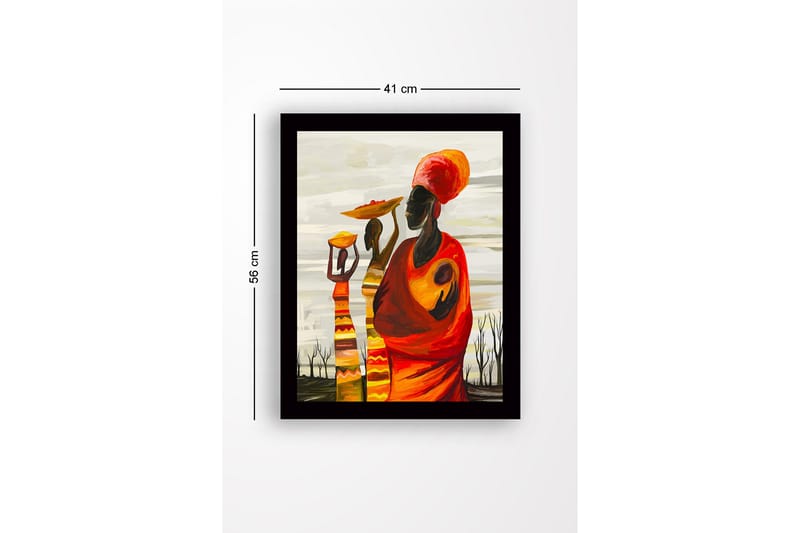 Indrammet lærred i træ - 41x56 cm - Tre kvinder, der bærer skåle, og børn i en farverig og udtryksfuld komposition - Rød / Orange / Gul - Boligtilbehør - Billeder & kunst
