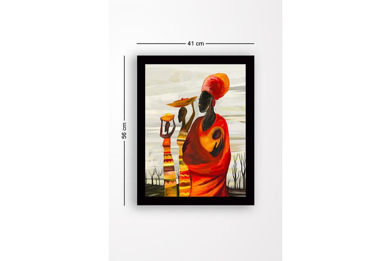 Indrammet lærred i træ - 41x56 cm - Tre kvinder, der bærer skåle, og børn i en farverig og udtryksfuld komposition - Rød / Orange / Gul - Boligtilbehør - Billeder & kunst