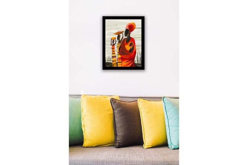 Indrammet lærred i træ - 41x56 cm - Tre kvinder, der bærer skåle, og børn i en farverig og udtryksfuld komposition - Rød / Orange / Gul - Boligtilbehør - Billeder & kunst